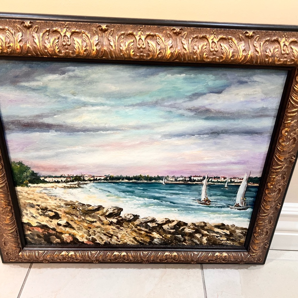 Coast town with sail boated Town water painting, and custom frame